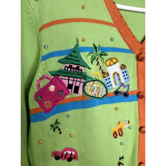 1990s Berek Lime Green World Travel Fashion Glam Maximalist Tourist Cardigan S - Picture 4 of 8